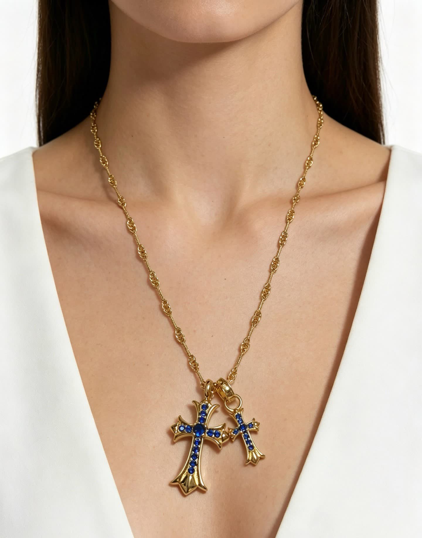 Chrome Hearts Gold Cross Pendant Necklace with Blue Stones